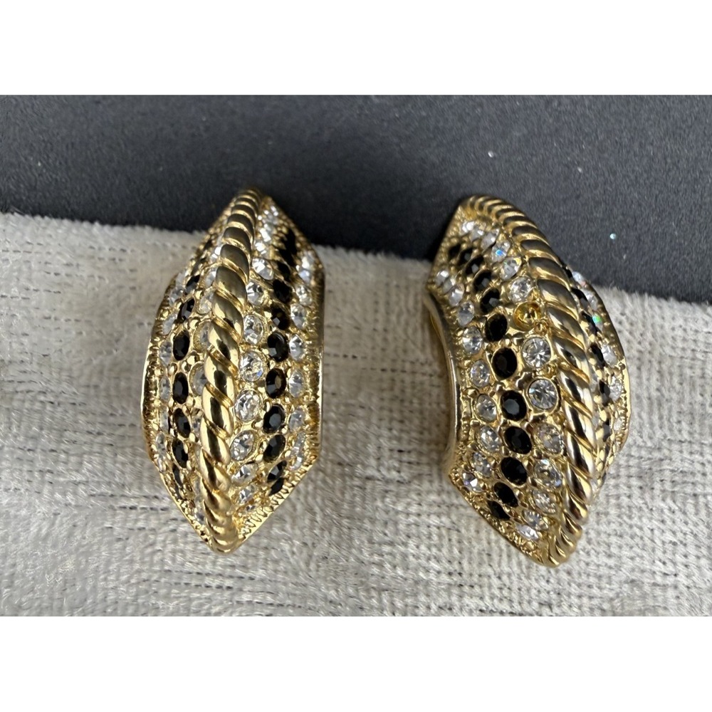 Vintage Roman Clip On Earrings Fan Gold Clear Black Rhinestone Signed Statement